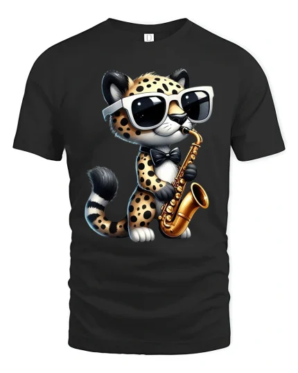 Cool Jazz Cheetah Playing Saxophone Stylish Cartoon Art Tee - black t-shirt on white background