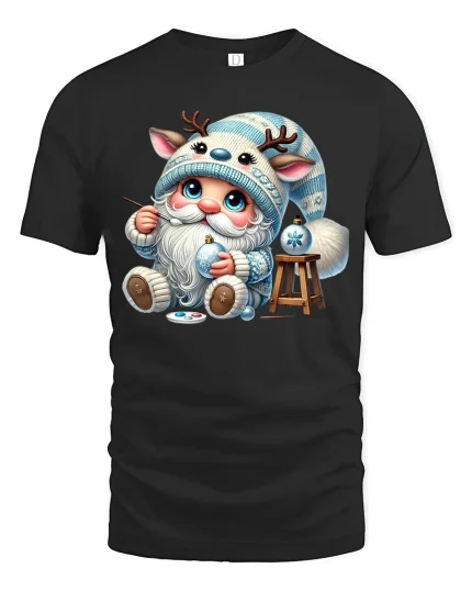 Cute Winter Gnome Painting Snow Ornament Cozy Cartoon Tee - black t-shirt on white background