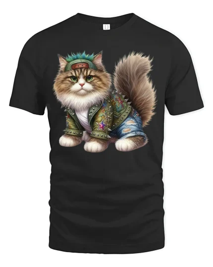 Cool Punk Cat Wearing Jacket Street Style Cartoon Illustration Tee - black t-shirt on white background