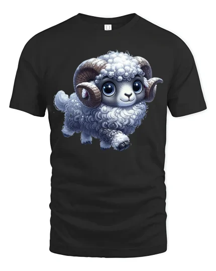 Cute Fluffy Ram Fantasy Animal Art Soft Cozy Graphic Tee - black t-shirt on white background