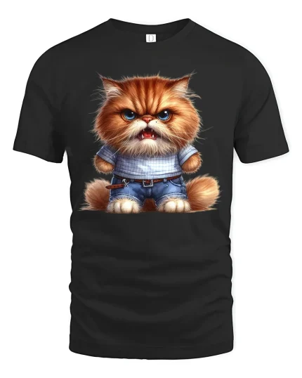 Angry Cute Cat Wearing Jeans Funny Cartoon Illustration Tee - black t-shirt on white background