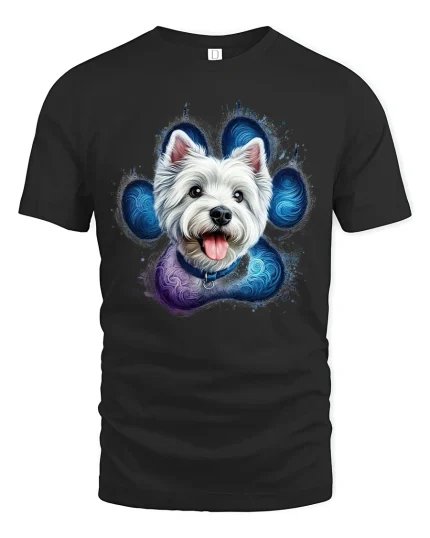 Cute White Dog Paw Art Swirl Style Funny Cartoon Illustration Tee - black t-shirt on white background