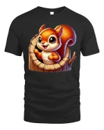 Cute Playful Squirrel Peekaboo Woodland Cartoon Graphic Tee - black t-shirt on white background