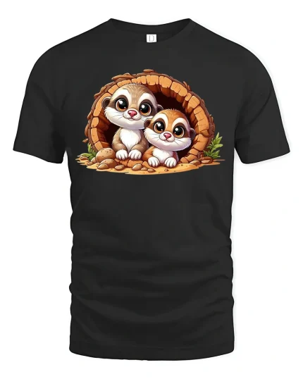 Adorable Twin Ferret Friends Cozy Burrow Cartoon Graphic Tee - black t-shirt on white background
