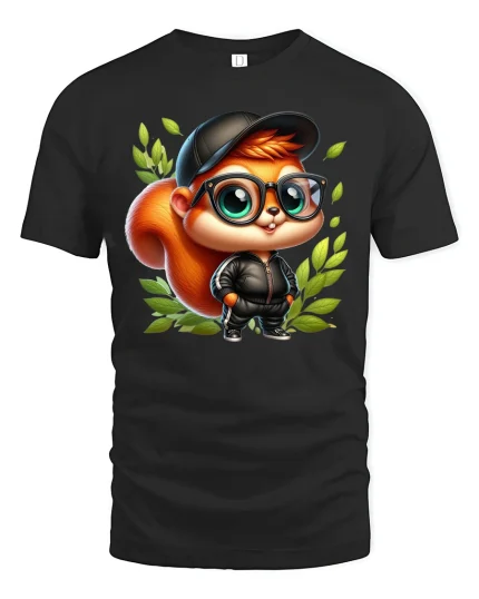 Cool Nerdy Squirrel With Glasses Street Style Cartoon Graphic Tee - black t-shirt on white background