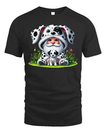 Cute Gnome Wearing Dalmatian Costume Sweet Cartoon Graphic Tee - black t-shirt on white background