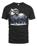 Cute Winter Ram Standing Proud Snowy Cartoon Illustration Tee - black t-shirt on white background