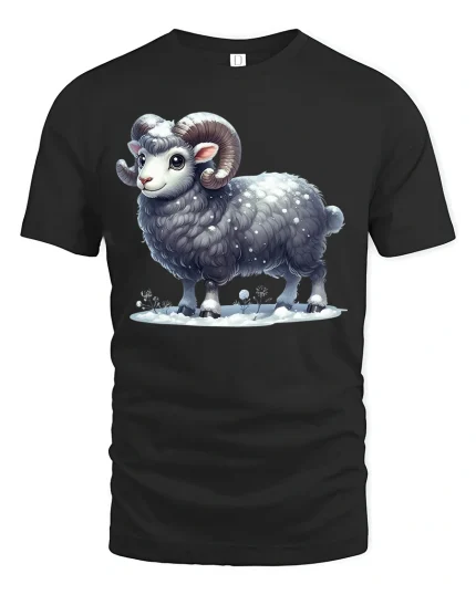 Cute Winter Ram Standing Proud Snowy Cartoon Illustration Tee - black t-shirt on white background