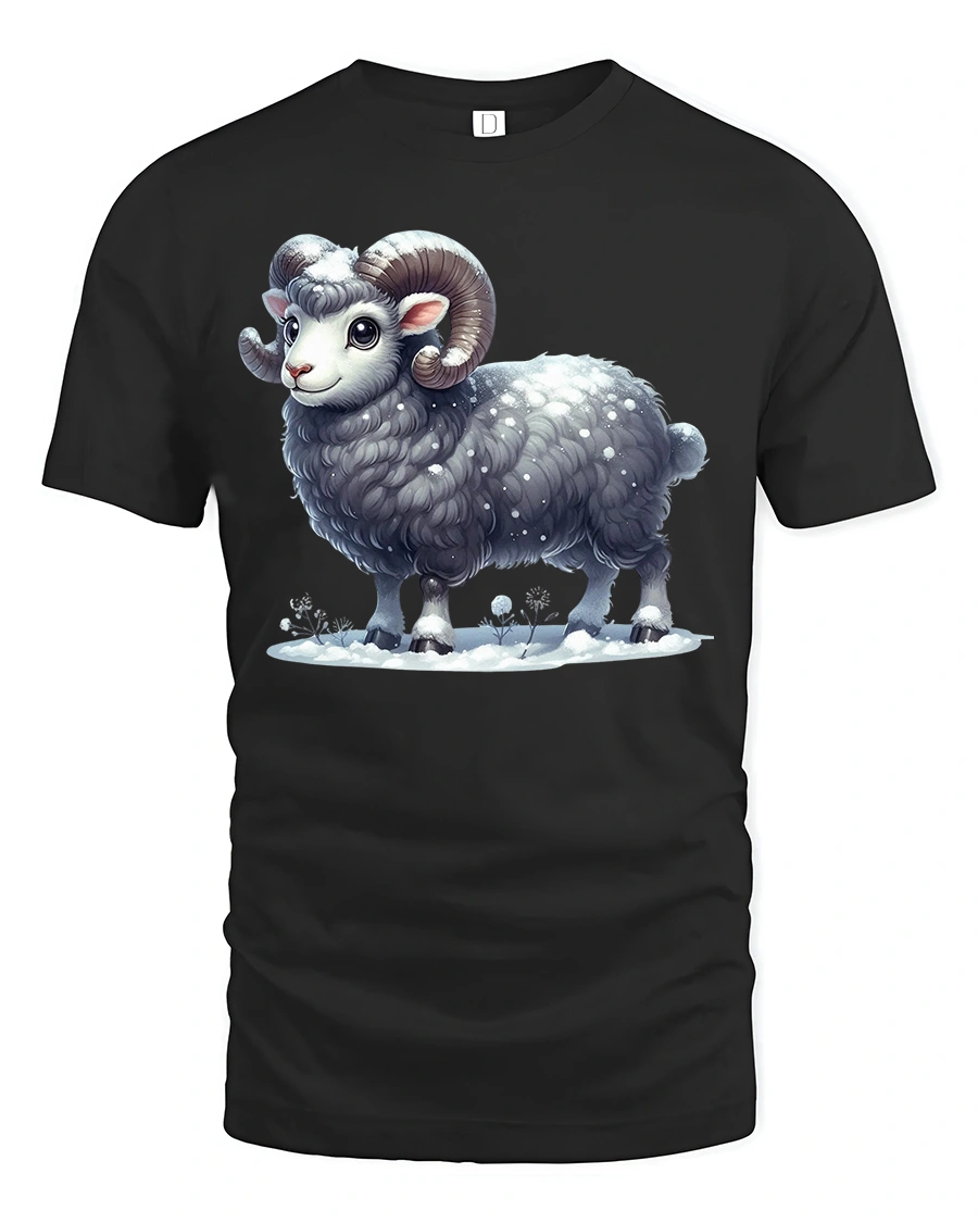 Cute Winter Ram Standing Proud Snowy Cartoon Illustration Tee - 1 Cute Winter Ram Standing Proud Snowy Cartoon Illustration Tee - black t-shirt on white background