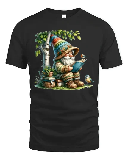 Cozy Reading Gnome With Birds Nature Storybook Illustration Tee - black t-shirt on white background