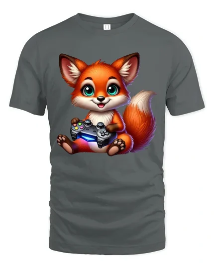 Cute Gamer Fox Holding Controller Adorable Cartoon Art Tee - gray t-shirt on white background