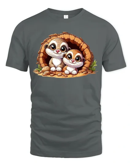 Adorable Twin Ferret Friends Cozy Burrow Cartoon Graphic Tee - gray t-shirt on white background