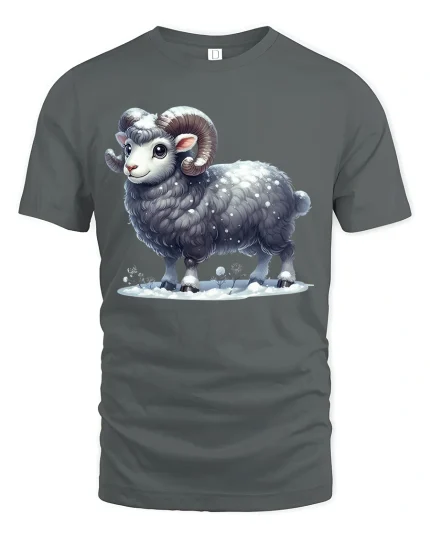 Cute Winter Ram Standing Proud Snowy Cartoon Illustration Tee - gray t-shirt on white background