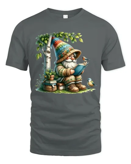 Cozy Reading Gnome With Birds Nature Storybook Illustration Tee - gray t-shirt on white background