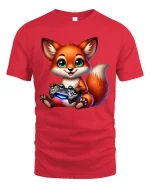 Cute Gamer Fox Holding Controller Adorable Cartoon Art Tee - red t-shirt on white background