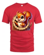 Cute Playful Squirrel Peekaboo Woodland Cartoon Graphic Tee - red t-shirt on white background