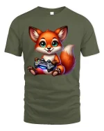 Cute Gamer Fox Holding Controller Adorable Cartoon Art Tee - military green t-shirt on white background