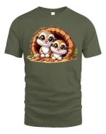Adorable Twin Ferret Friends Cozy Burrow Cartoon Graphic Tee - military green t-shirt on white background