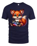 Cute Gamer Fox Holding Controller Adorable Cartoon Art Tee - navy t-shirt on white background