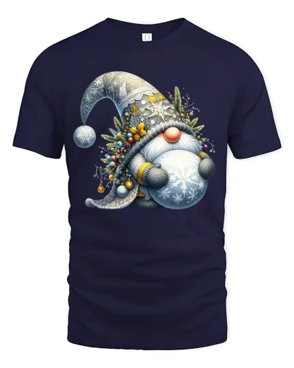 Cute Sunflower Gnome Garden Art Illustration Whimsical Tee - navy t-shirt on white background