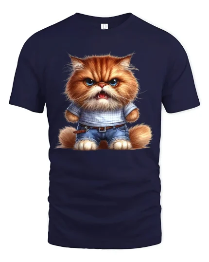 Angry Cute Cat Wearing Jeans Funny Cartoon Illustration Tee - navy t-shirt on white background