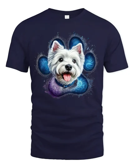 Cute White Dog Paw Art Swirl Style Funny Cartoon Illustration Tee - navy t-shirt on white background