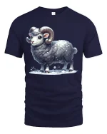 Cute Winter Ram Standing Proud Snowy Cartoon Illustration Tee - navy t-shirt on white background