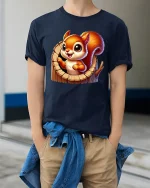 Cute Playful Squirrel Peekaboo Woodland Cartoon Graphic Tee - model wearing navy tee with hands in pockets