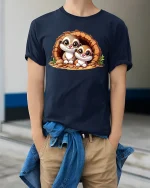 Adorable Twin Ferret Friends Cozy Burrow Cartoon Graphic Tee - model wearing navy tee with hands in pockets