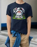 Cute Gnome Wearing Dalmatian Costume Sweet Cartoon Graphic Tee - model wearing navy tee with hands in pockets