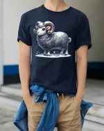 Cute Winter Ram Standing Proud Snowy Cartoon Illustration Tee - model wearing navy tee with hands in pockets