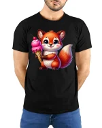 Cute Fluffy Bunny With Glasses Cozy Cartoon Illustration Tee - model wearing black tee with hands behind back