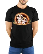 Adorable Twin Ferret Friends Cozy Burrow Cartoon Graphic Tee - model wearing black tee with hands behind back
