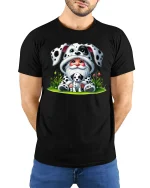 Cute Gnome Wearing Dalmatian Costume Sweet Cartoon Graphic Tee - model wearing black tee with hands behind back
