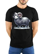 Cute Winter Ram Standing Proud Snowy Cartoon Illustration Tee - model wearing black tee with hands behind back