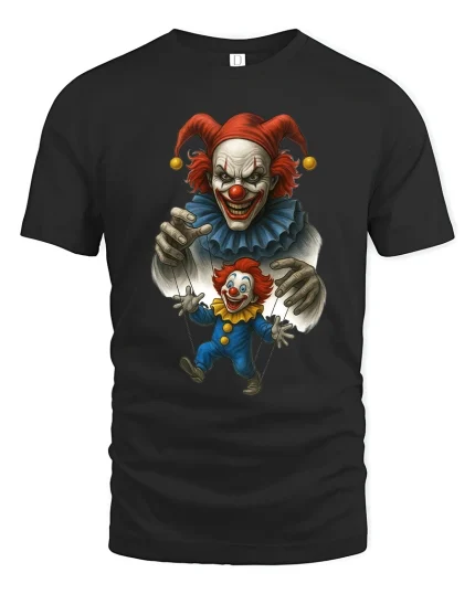 Creepy Puppet Master Evil Clown Dark Illustration Graphic Tshirt - black t-shirt on white background