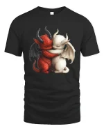 Cute Demon And Angel Hug Fantasy Love Illustration Graphic Tshirt - black t-shirt on white background