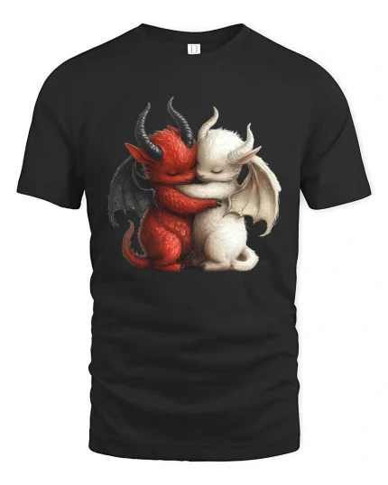 Cute Demon And Angel Hug Fantasy Love Illustration Graphic Tshirt - black t-shirt on white background