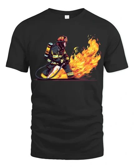 Brave Firefighter Battling Flames Heroic Action Illustration Tshirt - black t-shirt on white background