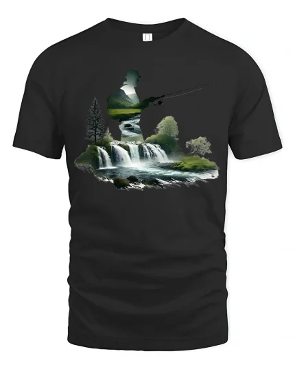 Peaceful Fly Fishing Silhouette Waterfall Nature Art Graphic Tshirt - black t-shirt on white background