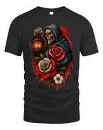 Gothic Reaper Rose Lantern Skull Art Graphic Tshirt - black t-shirt on white background