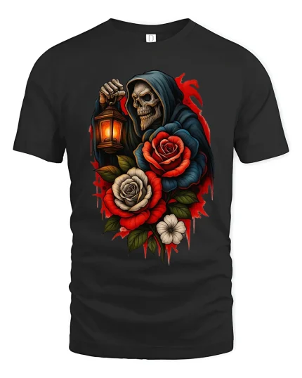 Gothic Reaper Rose Lantern Skull Art Graphic Tshirt - black t-shirt on white background