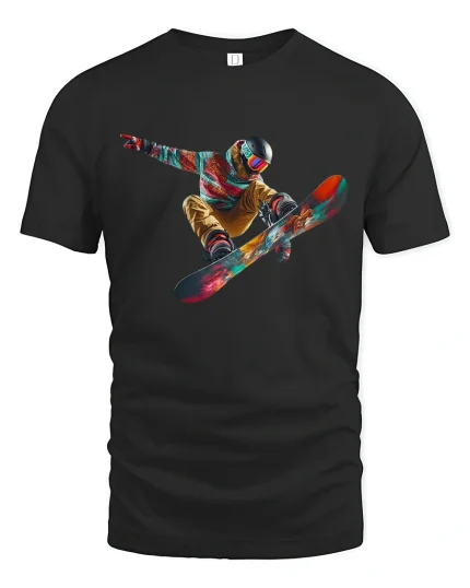 Epic Snowboard Air Trick Colorful Action Sports Art Graphic Tshirt - black t-shirt on white background