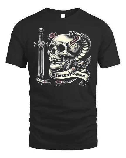 Memento Mori Skull Snake Dagger Dark Tattoo Art Graphic Tshirt - black t-shirt on white background