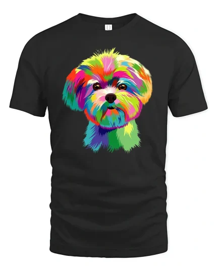 Colorful Rainbow Puppy Portrait Pop Art Illustration Graphic Tshirt - black t-shirt on white background