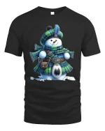 Funny Snowman Scottish Kilt Winter Art Graphic Tshirt - black t-shirt on white background
