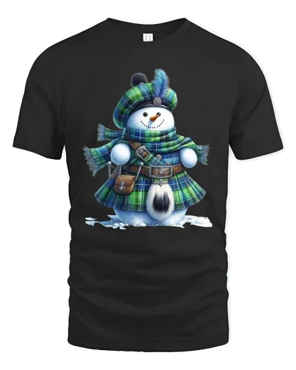Funny Snowman Scottish Kilt Winter Art Graphic Tshirt - black t-shirt on white background
