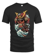 Samurai Skull Ocean Wave Warrior Art Graphic Tshirt - black t-shirt on white background