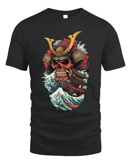 Samurai Skull Ocean Wave Warrior Art Graphic Tshirt - black t-shirt on white background