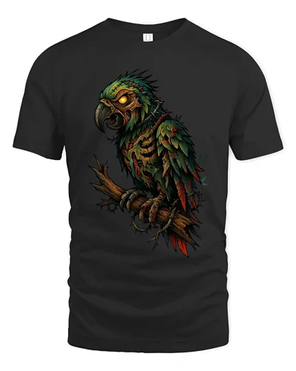 Dark Gothic Parrot Skull Bird Illustration Art Graphic Tshirt - black t-shirt on white background